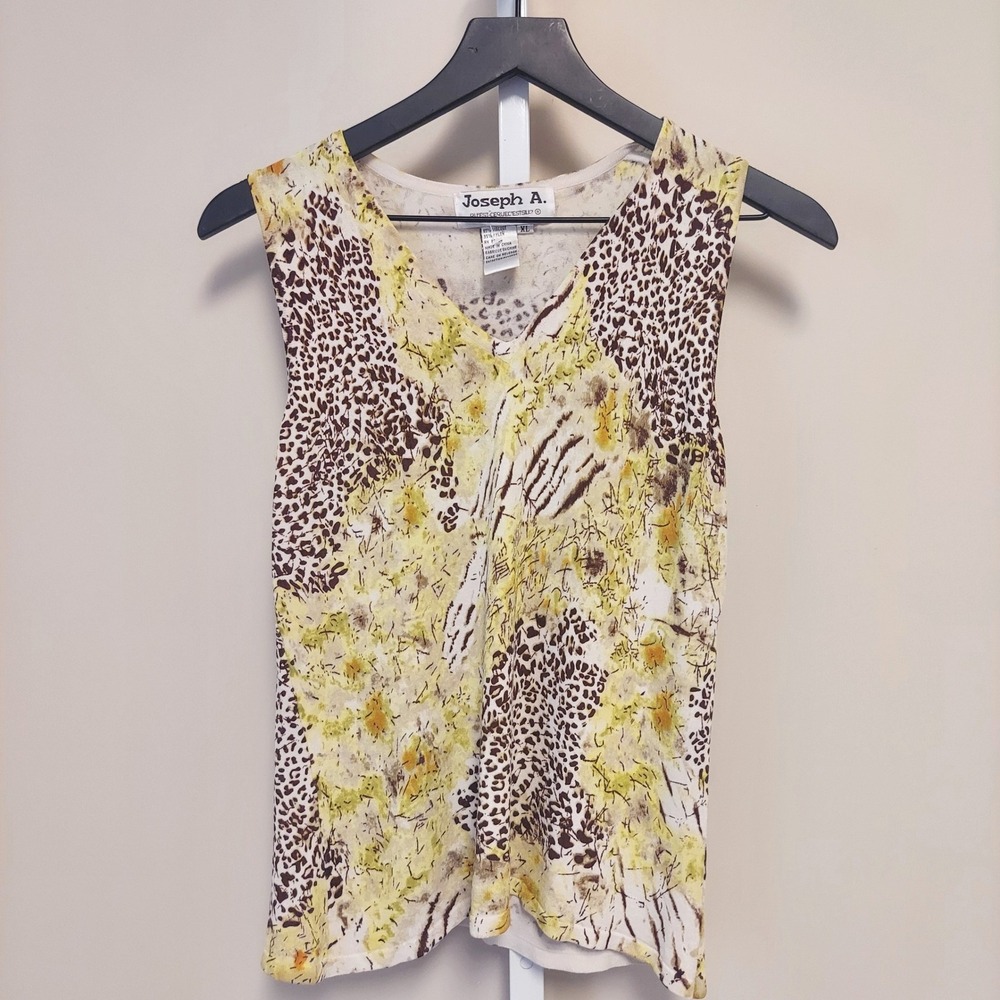 Joseph A Womens XL V-Neck Sleeveless Knit Top Yellow Brown Animal Print Shell